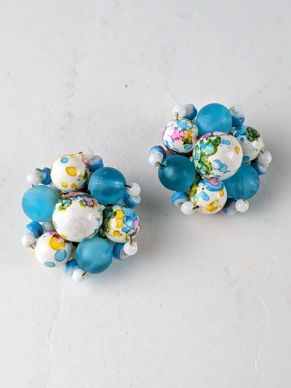 Vintage Blue/White Speckled Beaded Clip-On Earrings
